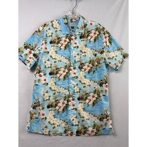 J.Crew Button Down Shirt Mens M Blue Resort Tropical Floral Cotton Short Sleeve